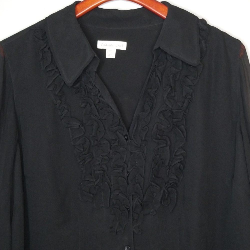{Coldwater Creek} Black Ruffle Front Button Down